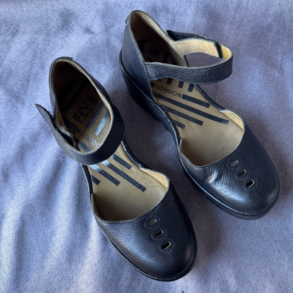 Fly London Yaz Black Leather Wedge Mary Jane Pump Shoes EU 40 US 9-9.5 501305000 - Picture 8 of 13